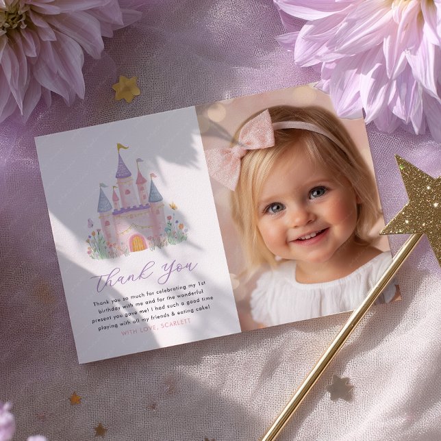 Remerciements Carte de remerciement photo d'anniversaire de fill (Girls birthday Photo thank you card | Princess Pastel Castle Party)