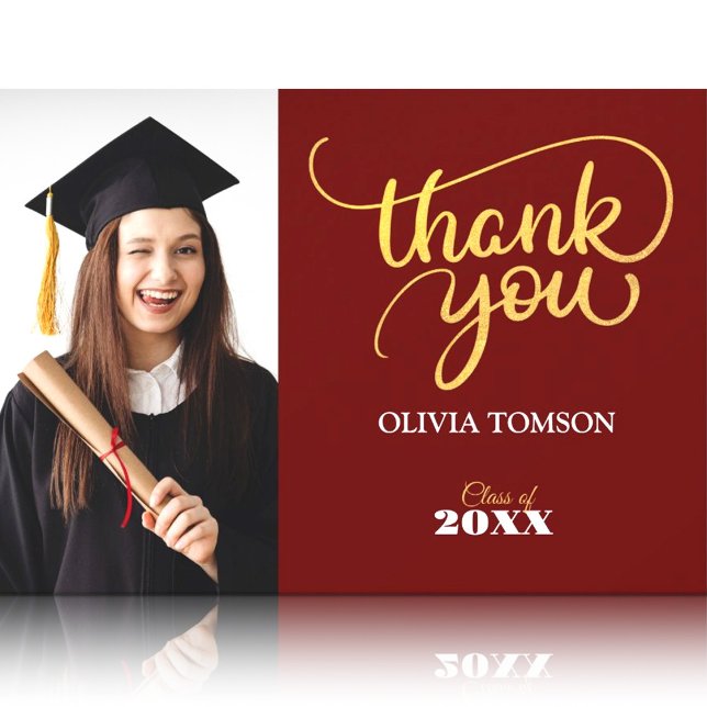 Remerciements Carte de remerciement photo pour la remise des dip (Red & Gold Modern Graduation Thank You Photo Card, Class of 2026, Graduation 2026)
