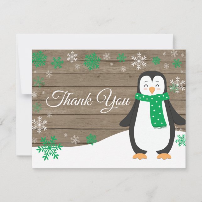 Remerciements Carte de remerciement Pingouin Vert Flocon de Neig (Devant)