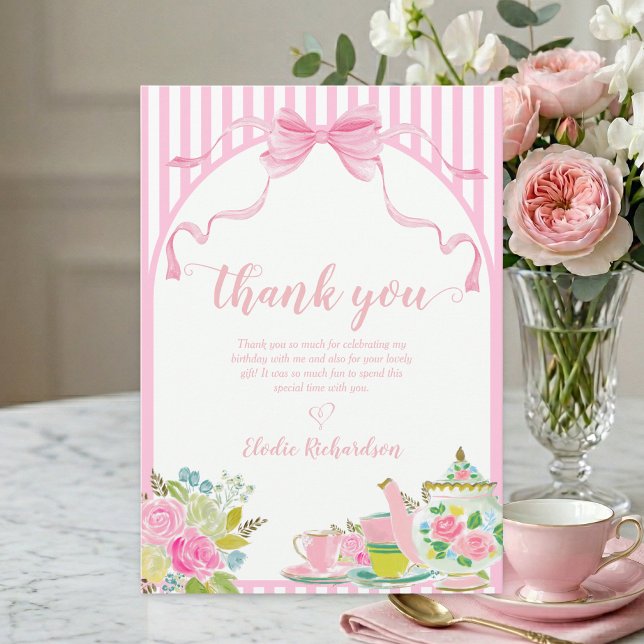 Remerciements Carte de remerciement plate (let's par-tea pink coquette bow floral stripe custom birthday party thank you card)