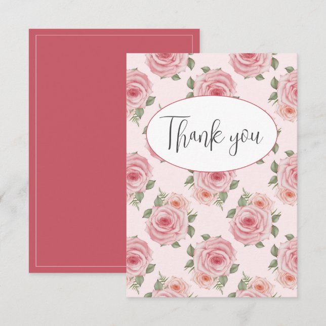 Remerciements Carte de remerciement plate avec roses roses (Devant / Derrière)