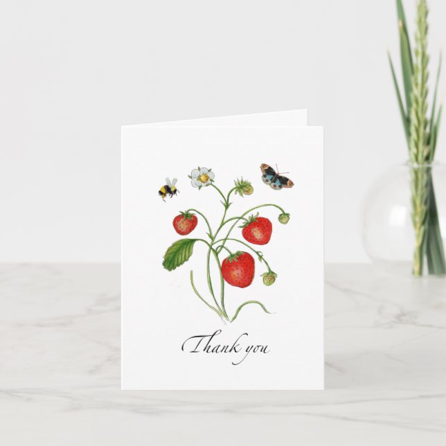 Remerciements Carte de remerciement pliée à l'aquarelle fraise (Devant)