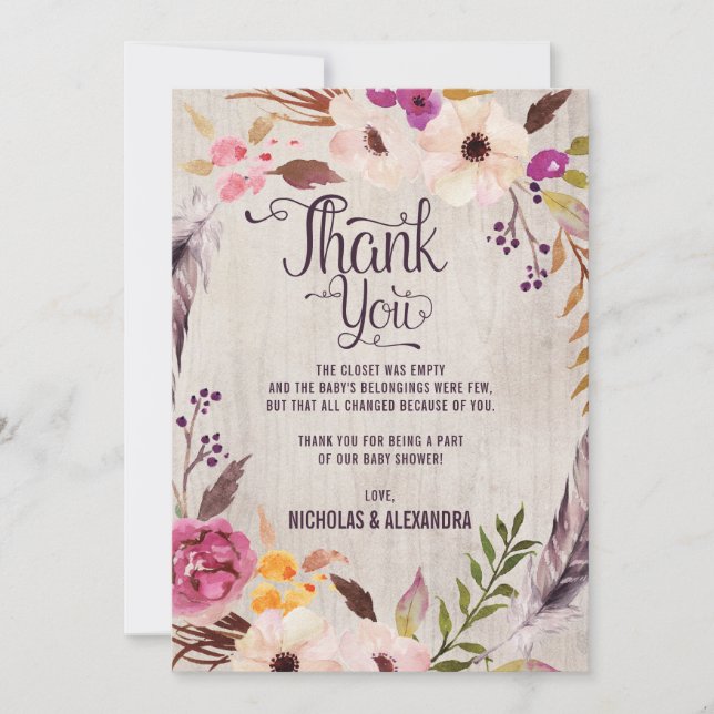Remerciements Carte de remerciement pour Baby Shower Floral Boho (Devant)