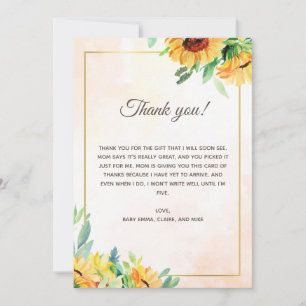 Remerciements Carte de remerciement pour Baby Shower Tournesols