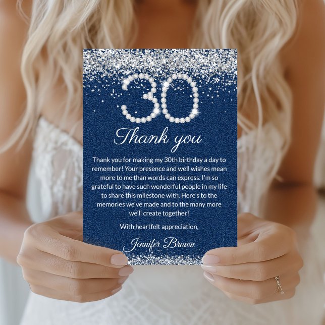 Remerciements Carte de remerciement pour les 30 ans de Glam Deni (diamonds and Denim 30th birthday thank you Card)