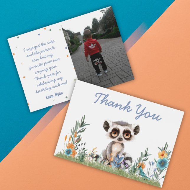 Remerciements Carte de remerciement Safari (Safari Jungle Personalizable Photo Colorful Watercolor Flowers Monkey Birthday Thank You Card)