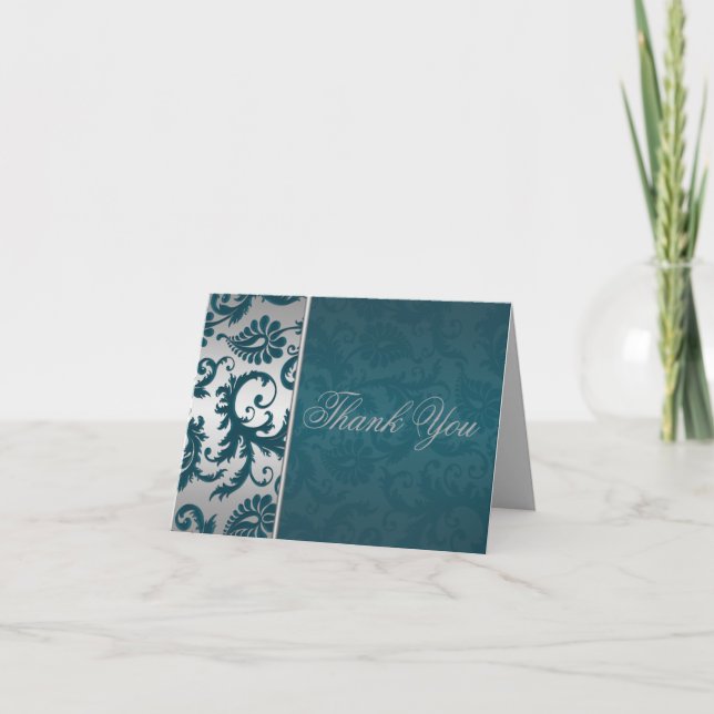 Remerciements Carte de remerciement Silver and Teal Damask II (Devant)