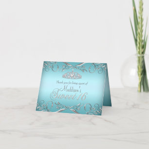 Remerciements Carte de remerciement Teal & Silver Tiara Sweet 16