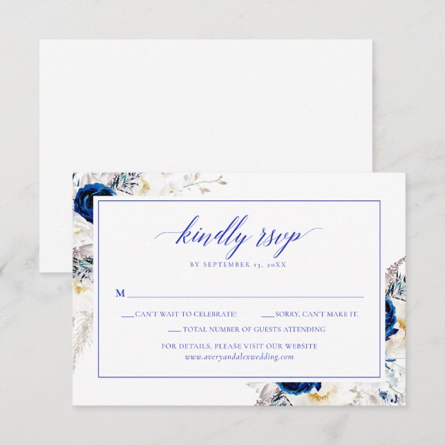 Remerciements Carte de réponse de mariage à calligraphie bleue H (Devant / Derrière)
