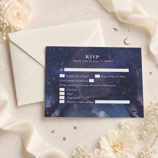 Remerciements Carte de réponse de mariage céleste de la forêt no (Starry Night Forest Celestial Wedding RSVP Card on a table with flowers and ribbons)