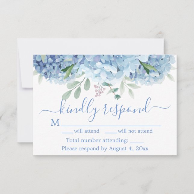Remerciements Carte de réponse de mariage floral Hydrangeas bleu (Devant)