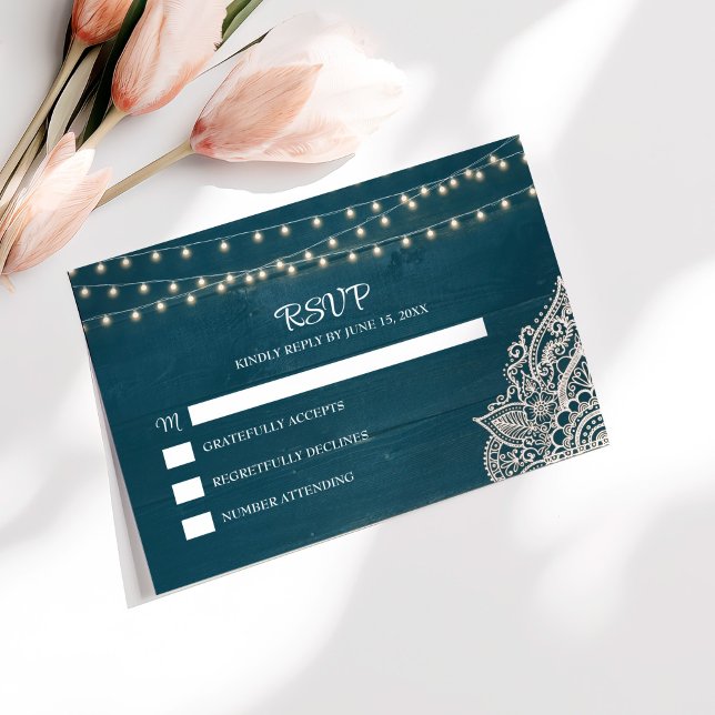Remerciements Carte de réponse Élégance Rustique Teinte Sarcelle (Dark Teal Rustic Elegance RSVP Card on a white table with pink tulips.)