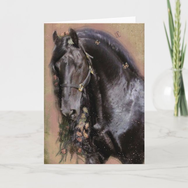 Remerciements Carte de vœux - Cheval noir frison (Devant)
