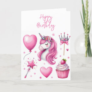 Remerciements Carte de vœux d'anniversaire Licorne Fille Rose