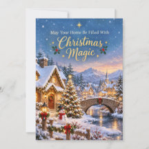 Carte de vœux de village enneigé de magie de Noël
