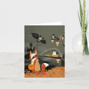 Remerciements Carte de voeux éffrayant Halloween Fox et Bat BLAN