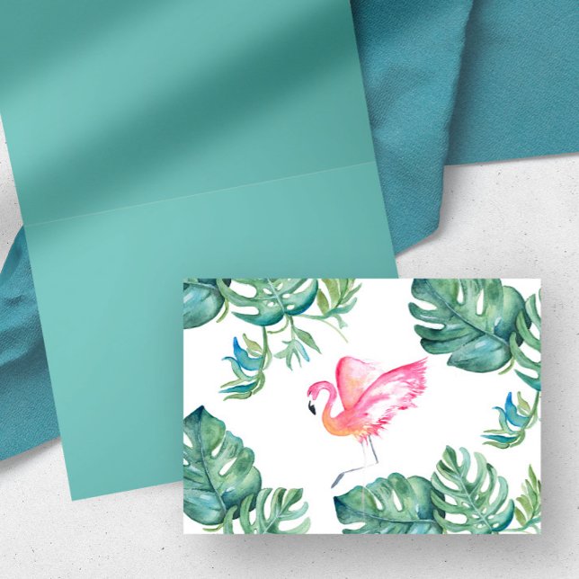 Remerciements Carte de voeux Flamant rose rose tropical (tropical thank you cards watercolor pink flamingo & monstera leaf watercolor by Victoria Grigaliunas)