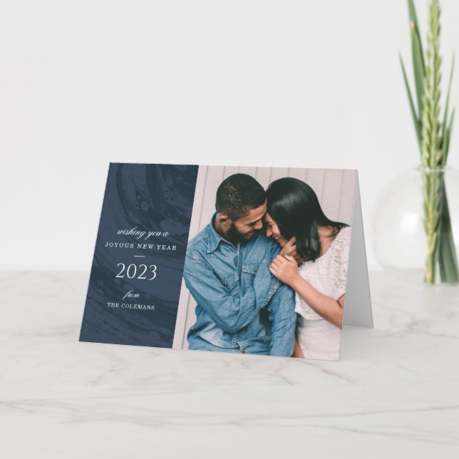 Remerciements Carte de voeux photo marbrée du Nouvel An - Bleu (Devant)
