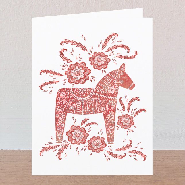 Remerciements Carte de voeux Suédoise Cheval Rouge et Blanc (Swedish Dala Horse red and white folded greetings card with custom text)