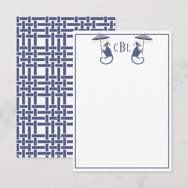 Remerciements Carte Monogramme Monkeys de Chinoiserie (Devant / Derrière)