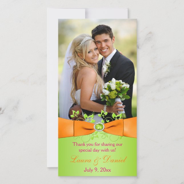 Remerciements Carte photo Mariage rose orange de citron vert (Devant)