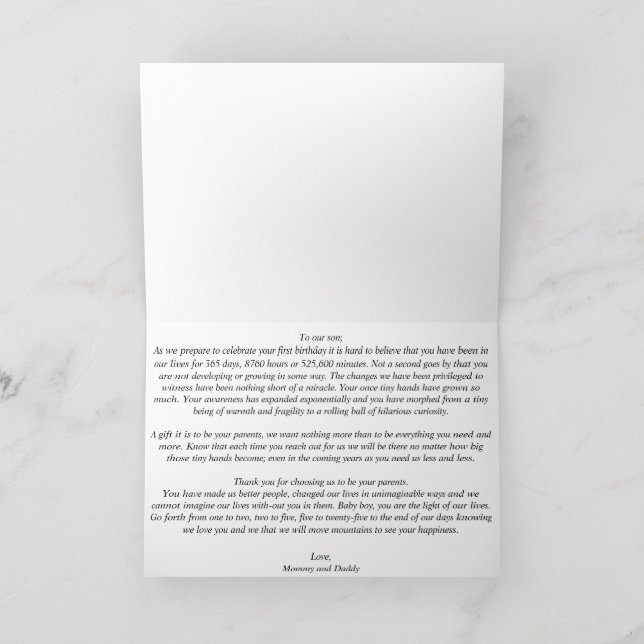 Remerciements Carte pliée 1er Anniversaire pour Fils de maman&pa (Intérieur)