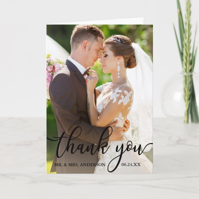 Remerciements Carte pliée de photo de mariage de script de remer (Devant)
