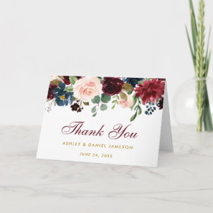 Remerciements Carte pliée de remerciement de mariage floral bleu
