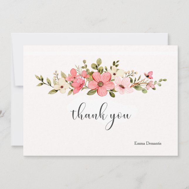 Remerciements Carte pour notes de fleurs d'aquarelle rose et bla (Devant)