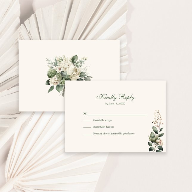 Remerciements Carte RSVP de mariage Fleur sauvage Sage Green & I (Sage Green & Ivory Wildflowers Wedding RSVP Card on a sunny white table with dry palm leaf.)