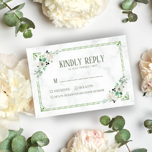Remerciements Carte RSVP de mariage Fleur verte et marbre blanc
