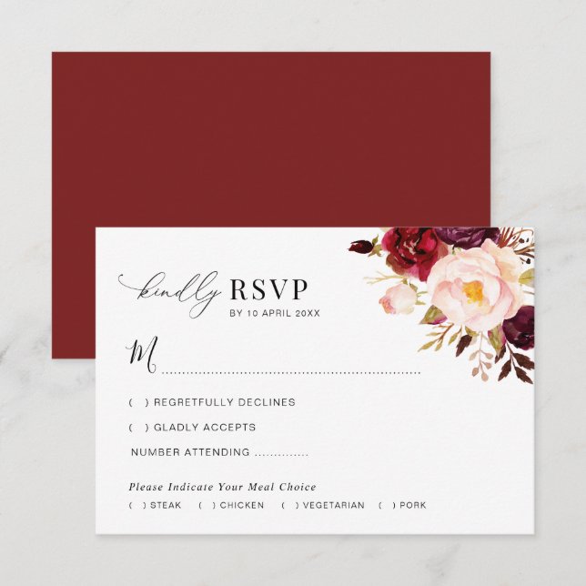 Remerciements Carte RSVP de mariage floral moderne bordeaux et f (Devant / Derrière)