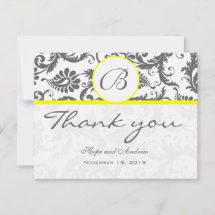 Remerciements Charcoal Grey Damask Jaune Mariage Carte de remerc