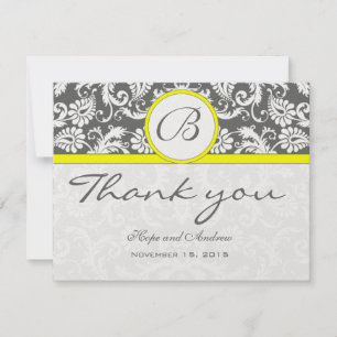Remerciements Charcoal Grey Damask Jaune Mariage Carte de remerc