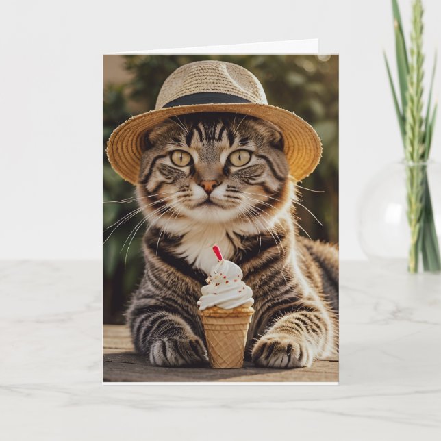 REMERCIEMENTS CHAT MANGER ICECREAM CARTE DE SALUT D'ANNIVERSAIRE (Devant)