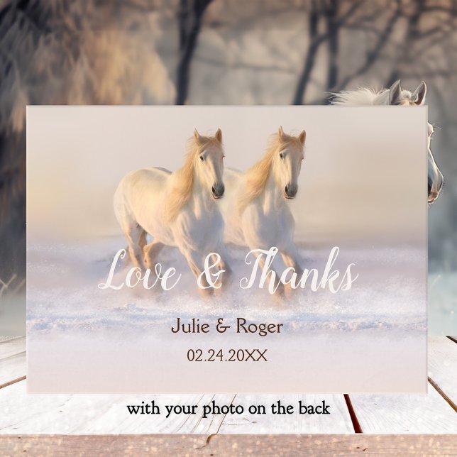 Remerciements Chevaux d'hiver Mariage photo Carte de remerciemen (Photo wedding Thank You card featuring a painting of two white horses running in the snow)