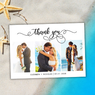 Remerciements Chic Script 3 Photo Collage Mariage Carte de remer