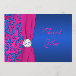 Remerciements Cobalt et Fuchsia Damask Monogram Carte de remerci
