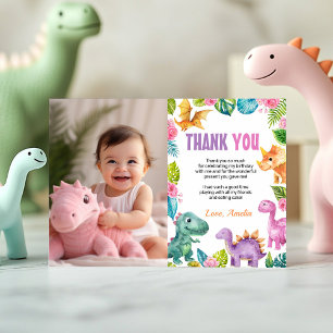 Remerciements Cute Dinosaures Fille Anniversaire Photo Carte de