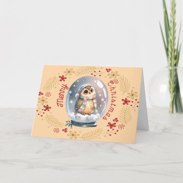 Remerciements Design de carte de Noël avec hibou et couronne (Devant)