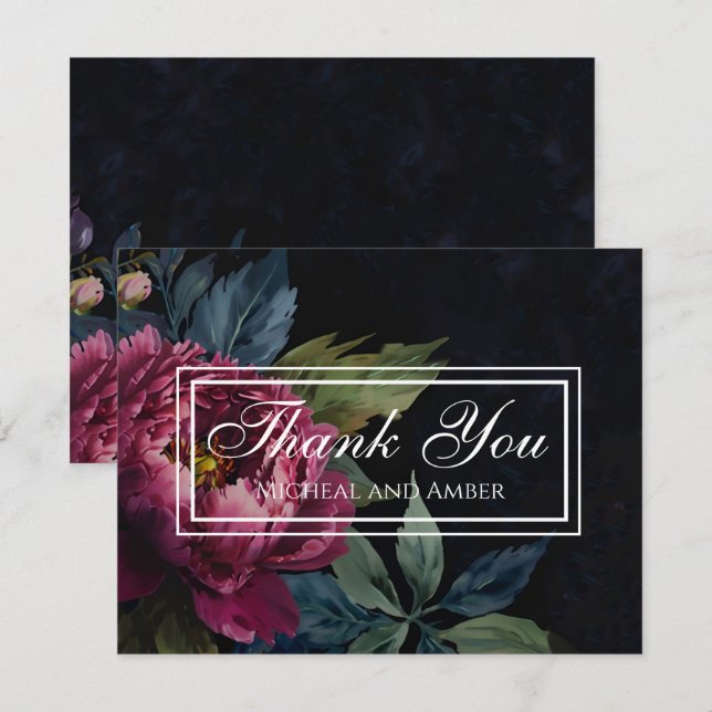 Remerciements Élégant Mariage à fleurs rose foncé Carte de remer (Devant / Derrière)