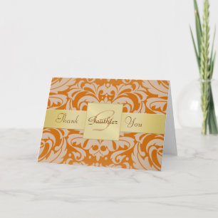 Remerciements Elégant Monogramme Or Orange Damask Carte de remer