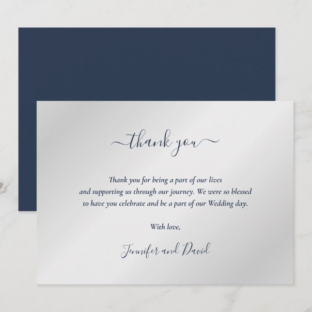 Remerciements Élégant Script Marine Bleu et Argent Carte de reme (Devant / Derrière)