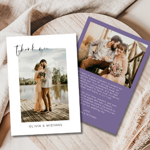 Remerciements Élégant violet script Mariage photo Carte de remer