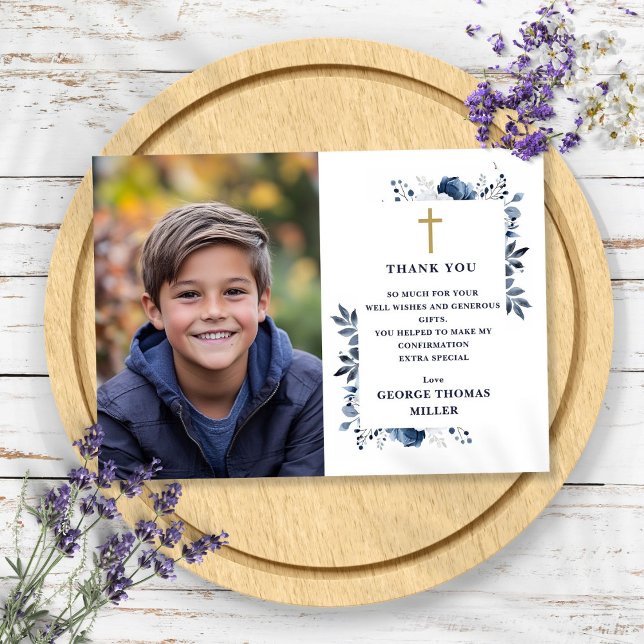 Remerciements Élégante carte de confirmation de photo florale bl (Navy Blue Elegant Floral Photo Confirmation Thank You Card)