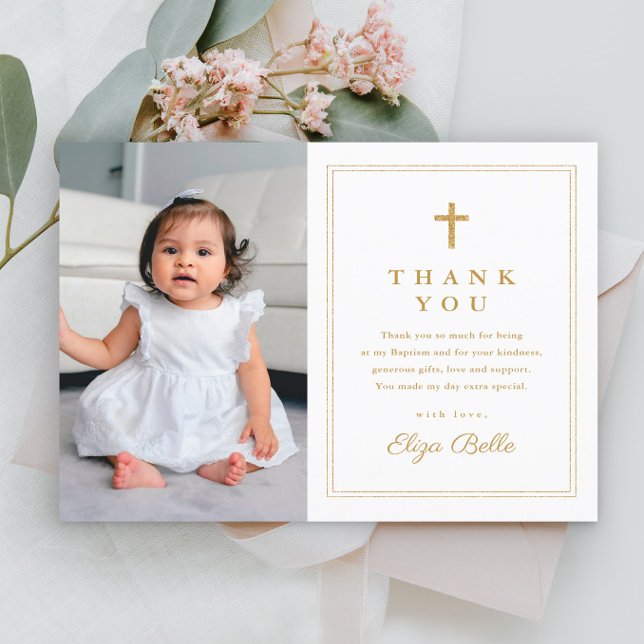 Remerciements Élégants de Baptême avec Croix Dorée (Simple budget photo baptism thank you card with gold cross.)