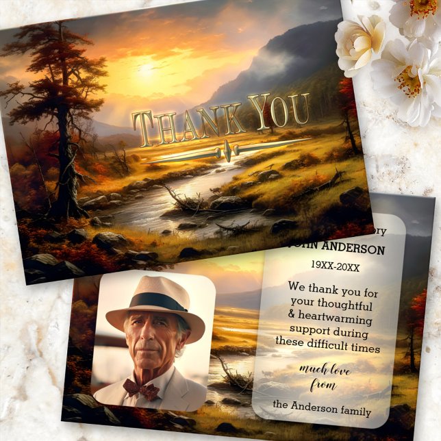 Remerciements Fine Art Nature Sympathie Photo Carte de remerciem (Sympathy photo Thank You card featuring a fine art landscape scene in vintage style)