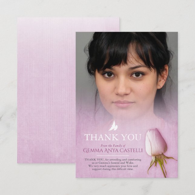 Remerciements Funérailles violet rose photo famille carte de rem (Devant / Derrière)