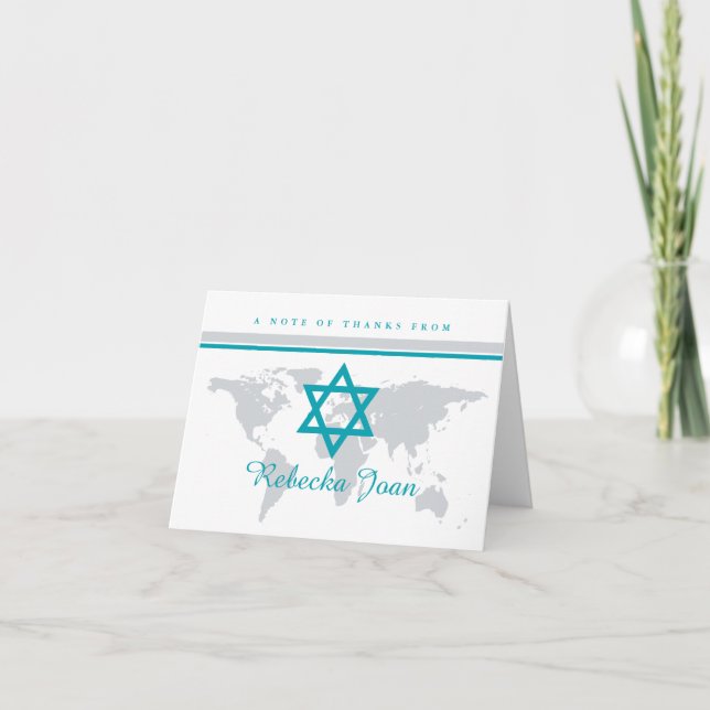 Remerciements Gris étoile Turquoise de David Bat mitzvah Carte d (Devant)