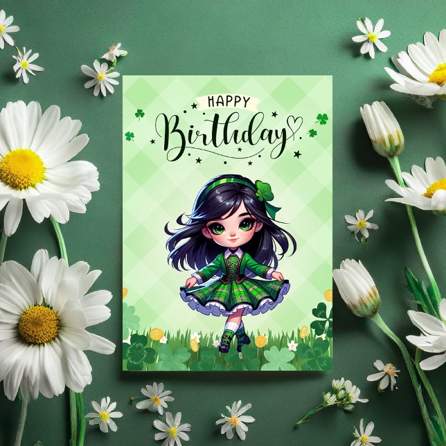 Remerciements Irish Dancing Lass Carte de voeux Anniversaire (Irish Dancing lass on a Happy Birthday Card in green on backdrop of dark green and fresh daisies.)